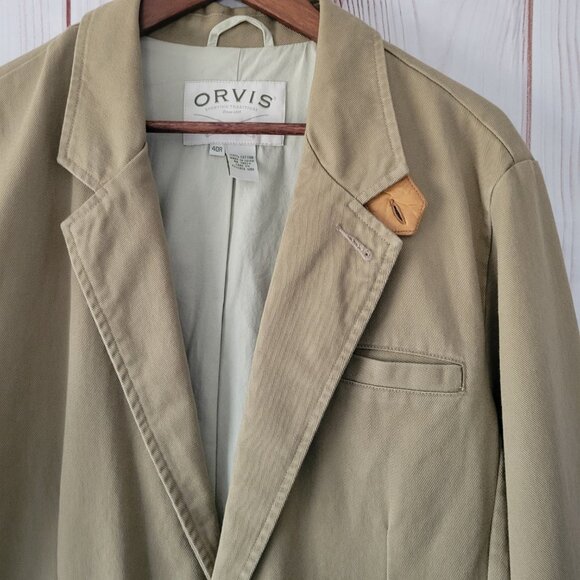 Orvis Blazer Men 40R 100% Cotton Tan Leather Style Cuff Trim Sporting Jacket - Picture 2 of 7